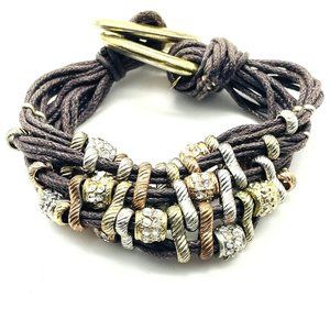 Multistrand Brown Beaded Bracelet Mixed Metal Tones Boho Festival Party Hippie